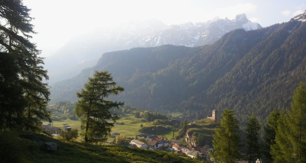 Oberhalb von Ardez mit Blick auf die Ruine Steinsberg.