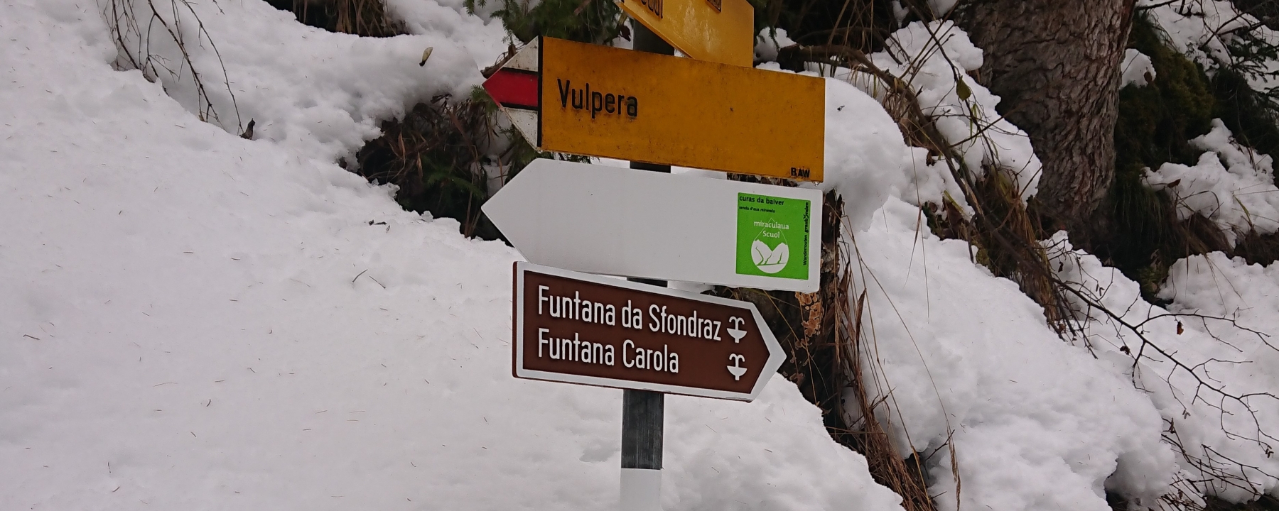 Wegweiser für Mineralwasserwege Scuol – Sfondraz- und Carola-Quelle