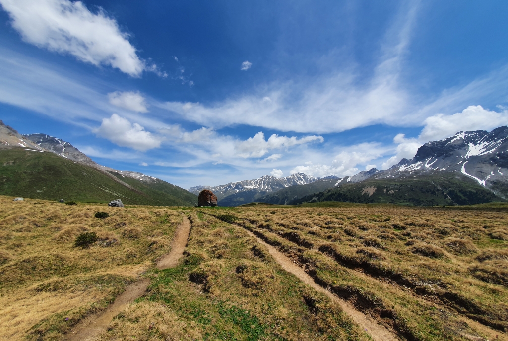 Findling bei der Ebene «Plan Mattun» auf der Wanderung von S-charl zum Ofenpass