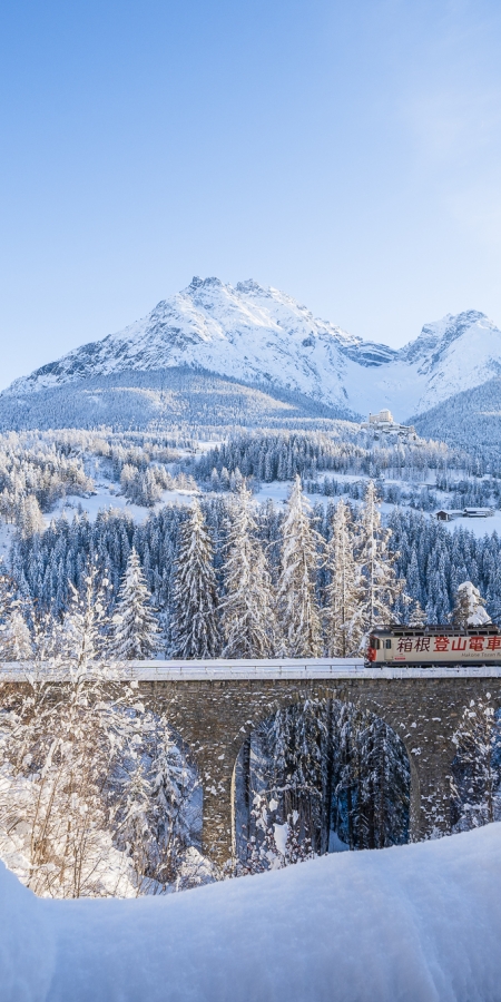 Die Rhätische Bahn in der Winterlandschaft der Ferienregion Engadin Scuol Zernez – Schloss Tarasp im Hintergrund – Dominik Täuber