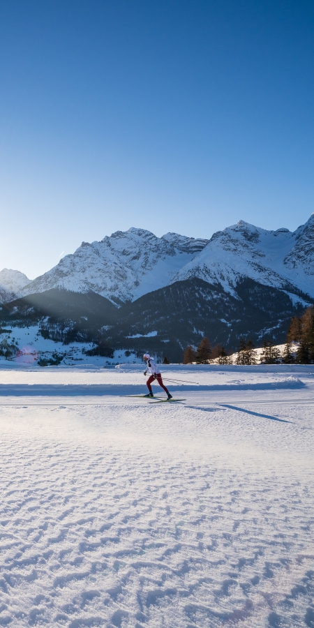 Xaver Frieser auf der Loipe bei Ftan im Engadin, Schweiz.