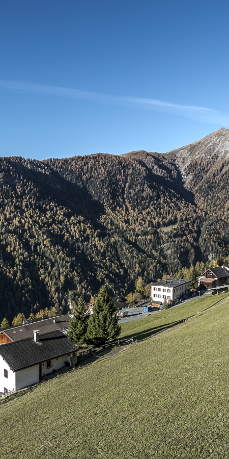 Blick auf Vnà im Unterengadin mit einzelnen Häusern auf einer sonnigen Hangwiese. Umgeben von grünen Wiesen, bewaldeten Berghängen und hohen Alpenbergen unter blauem Himmel.