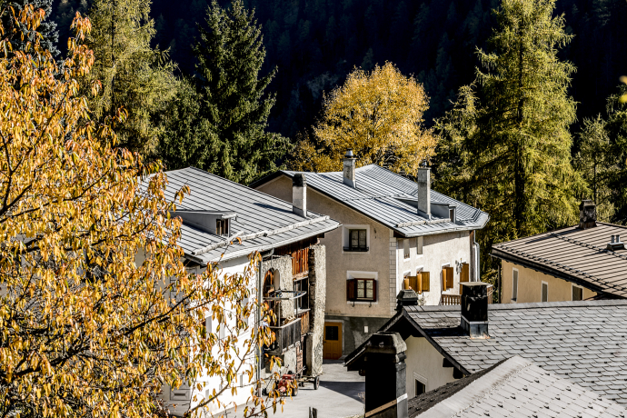 Blick auf Strada-Martina mit traditionellen Dorfhäusern zwischen herbstlich gefärbten Bäumen, umgeben von dichten Wäldern in der Berglandschaft des Unterengadins.