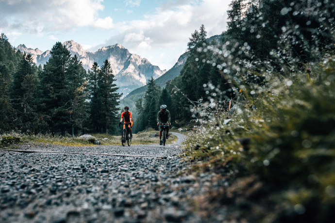 Zwei Radfahrer fahren auf einem Schotterweg durch alpine Landschaft, umgeben von Wäldern und Bergen im Hintergrund.