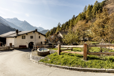 Blick auf Strada-Martina im Unterengadin mit Brunnen, Holzzaun und traditionellen Häusern am Dorfrand. Dahinter liegen bewaldete Berghänge und die Alpen unter klarem Himmel.