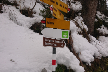 Wegweiser für Mineralwasserwege Scuol – Sfondraz- und Carola-Quelle